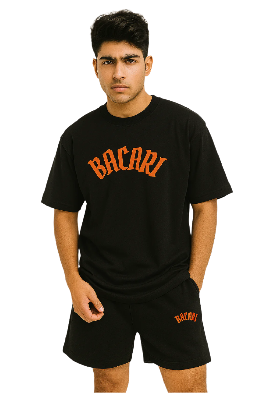 Person wearing a black t-shirt and shorts with 'Bacari' branding on a white background